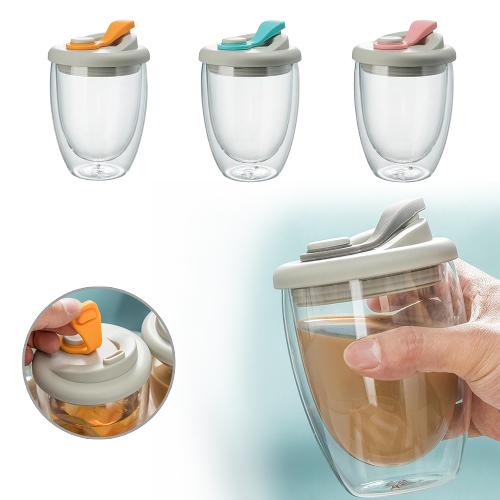Double Wall Glass Mug with Lid, Insulated Clear Coffee Cup for Tea, Latte & Hot Drinks