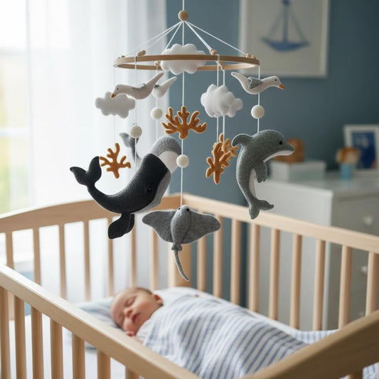 Whale Baby Mobile, Handmade Felt Crib Mobile for Under the Sea Coastal Nursery Décor